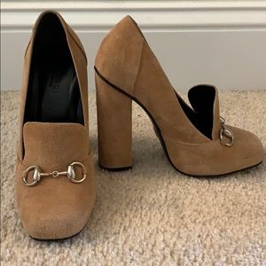 Gucci Suede Horsebit Loafer Heels Tan